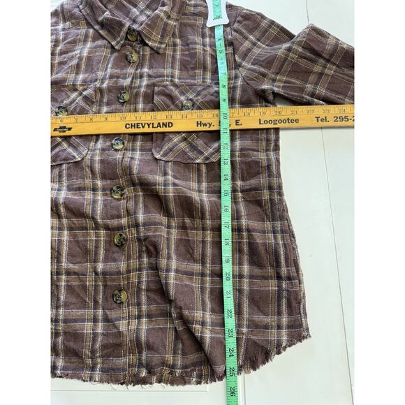 Democracy Women Medium Brown Plaid Flannel Button Up Long Sleeve Raw Hem Pocket - Picture 6 of 6
